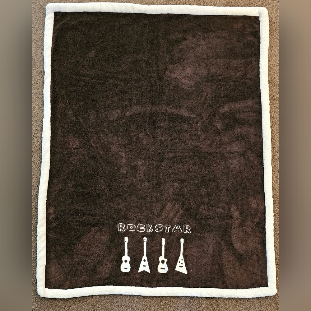 Kidsline Rock Star Brown Baby Blanket Guitar Cream White Fluffy Trim